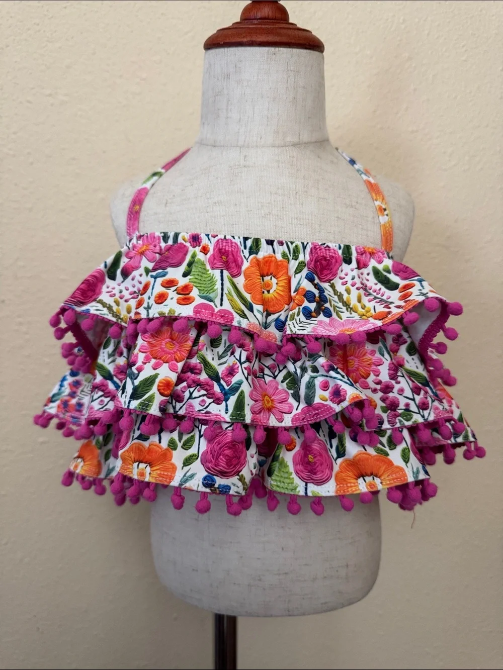 Cheeky Plum Clothing Swim Floral Ruffle Bikini Top with Pink Pom-Pom Trim Size 8